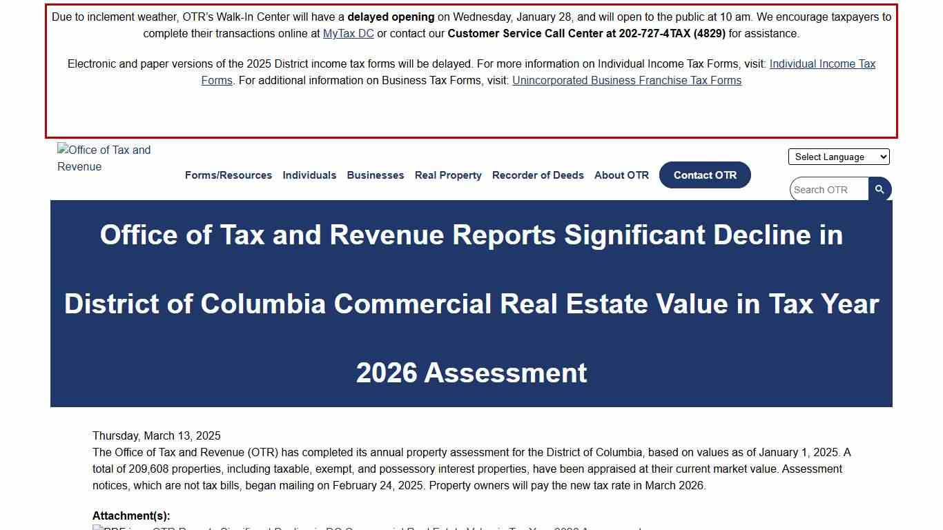 Office of Tax and Revenue Reports Significant Decline in District of Columbia Commercial Real Estate Value in Tax Year 2026 Assessment otr
